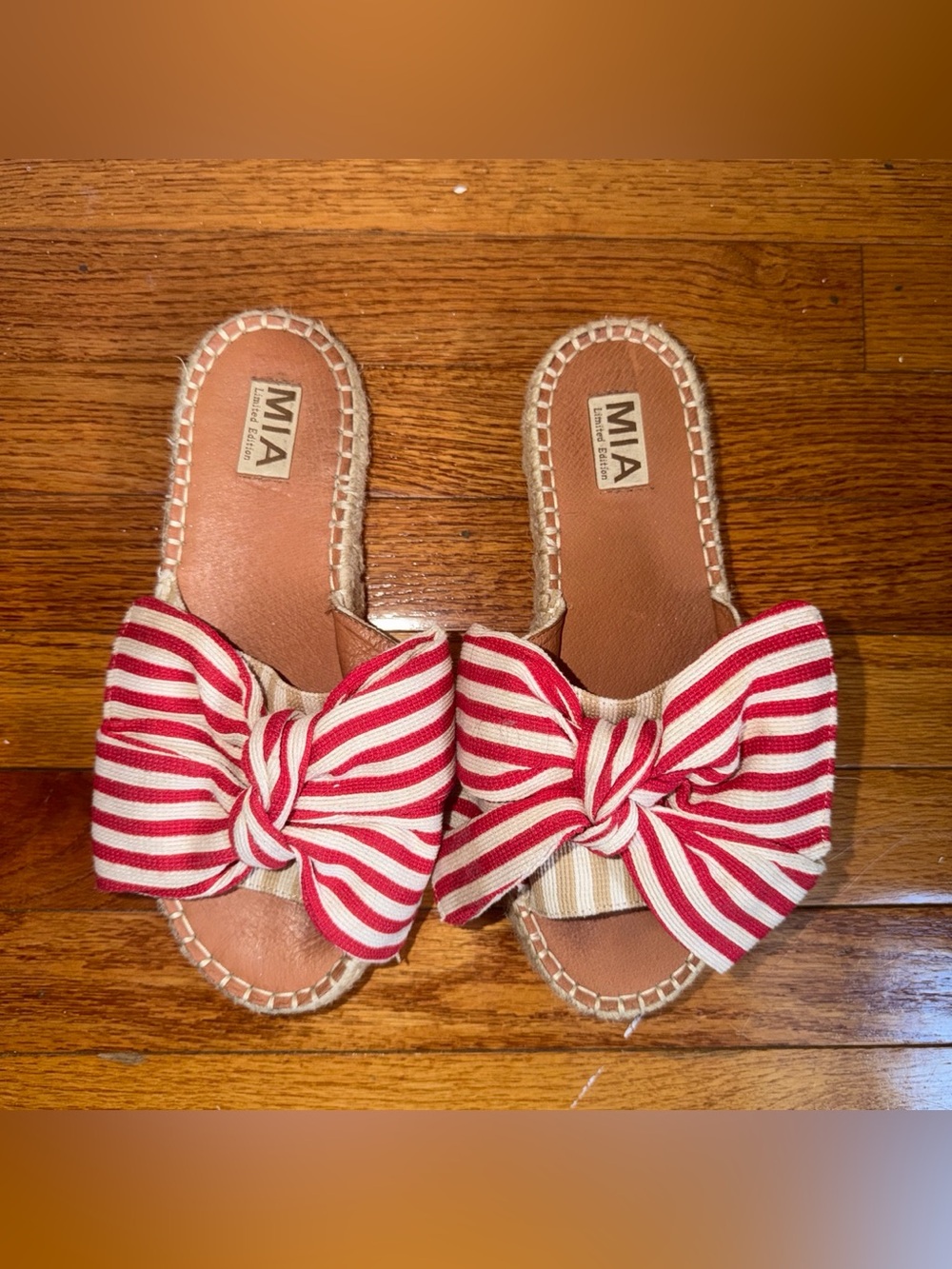 MIA Red & White Striped Bow Slide Sandals